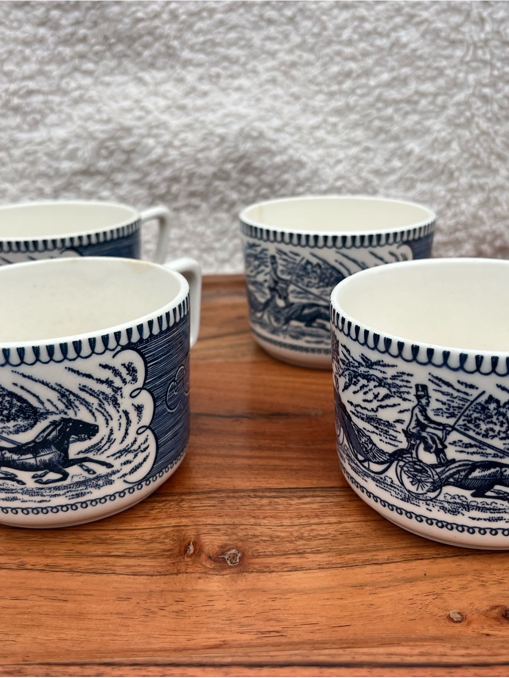 Vintage Mid Century 1950’s Currier & Ives Blue & White Horse & Carriage Teacups
